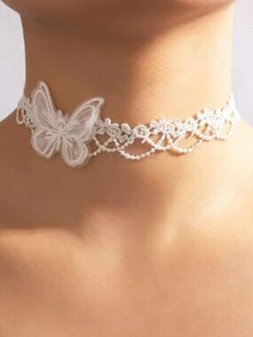 White Lace Butterfly Choker Necklace Bride Wedding Prom New